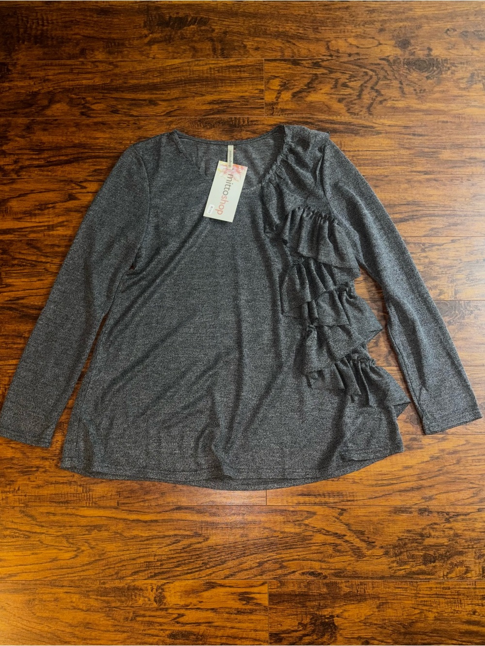 Mittoshop NWT Cascading Ruffle Blouse Long Sleeve Heather Gray Lightweight Top